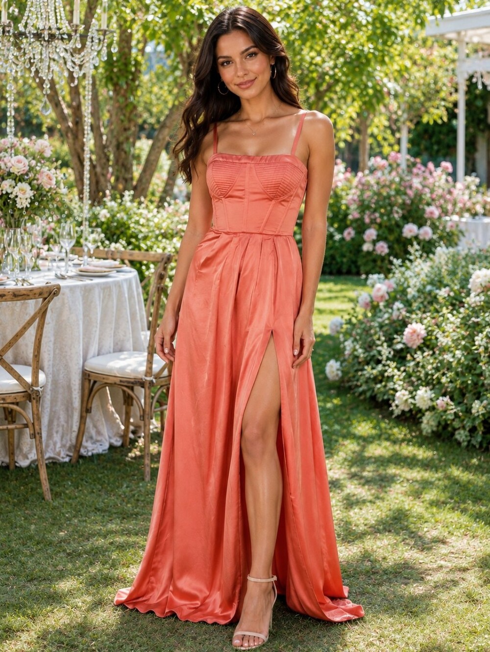 BCBGMaxAzria Pink Coral Maxi Dress with High Thigh Slit
